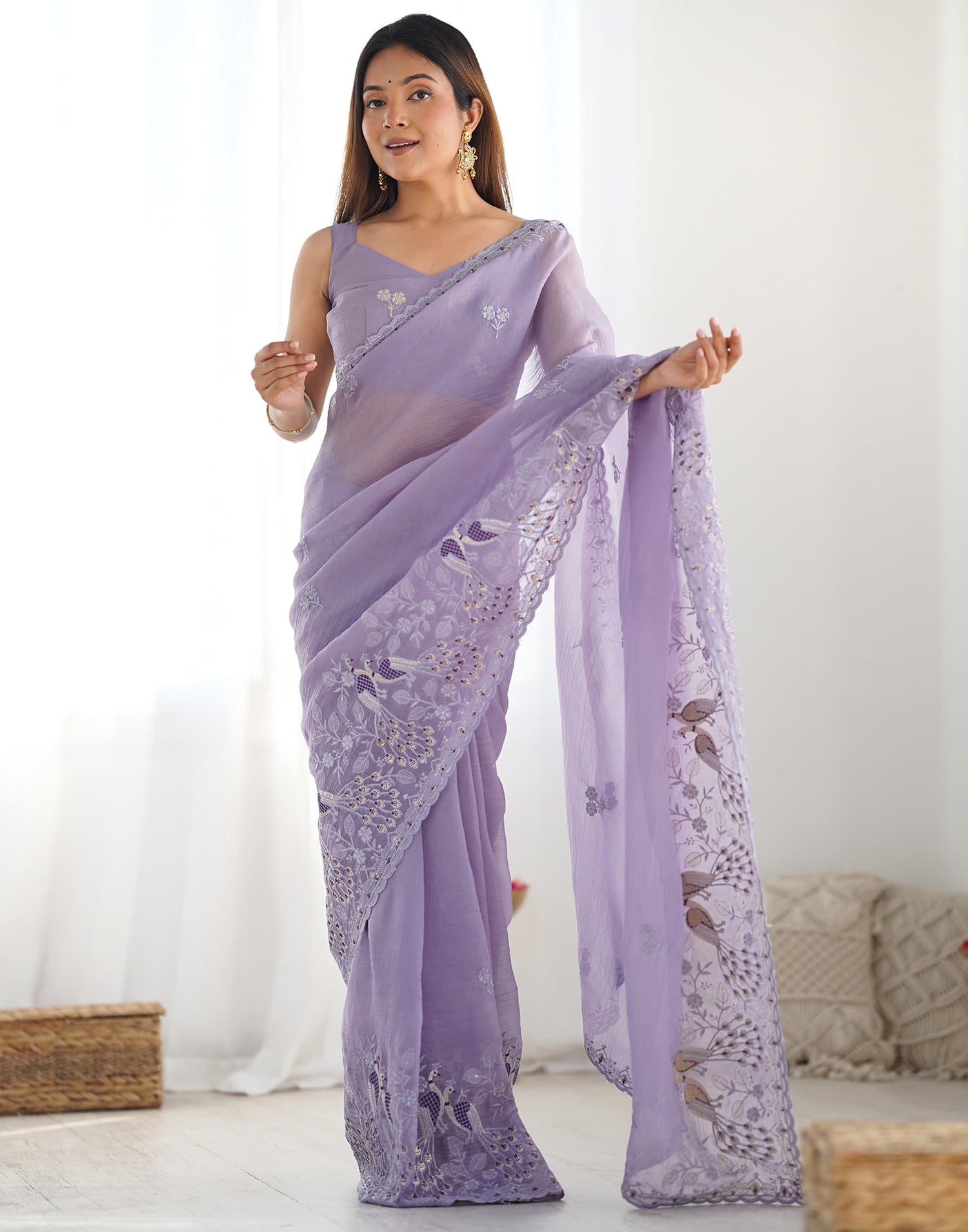 Dusty Purple Silk Embroidery Saree