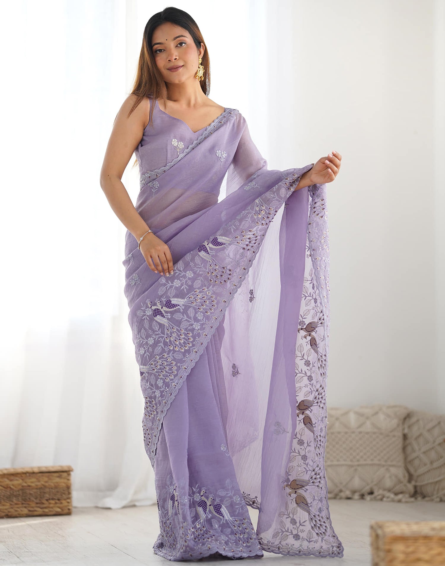 Dusty Purple Silk Embroidery Saree