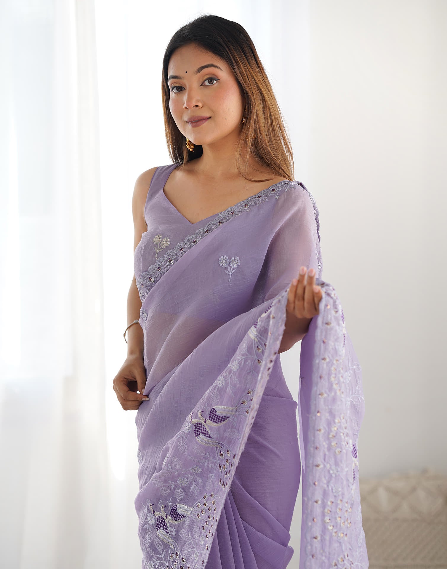 Dusty Purple Silk Embroidery Saree