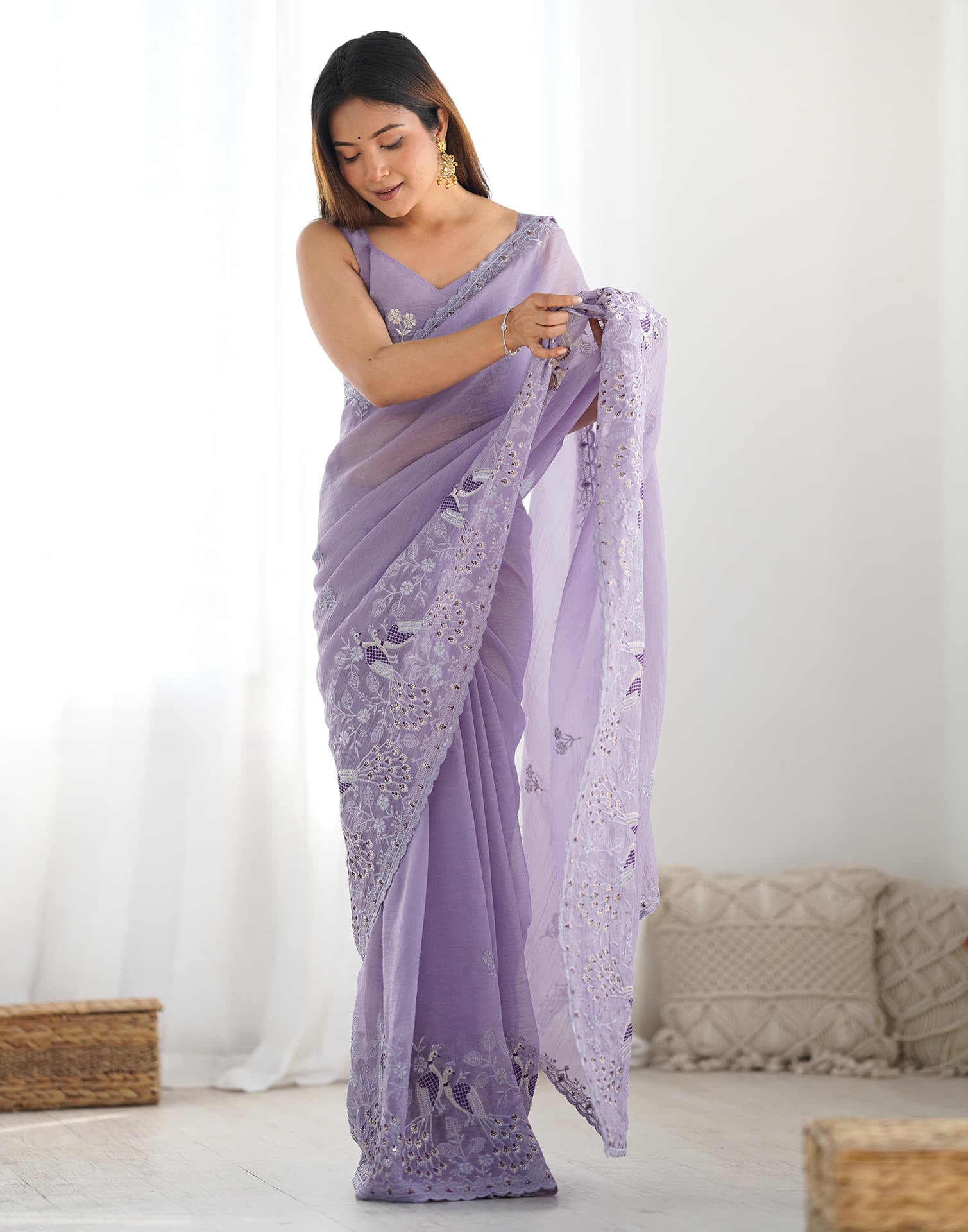 Dusty Purple Silk Embroidery Saree