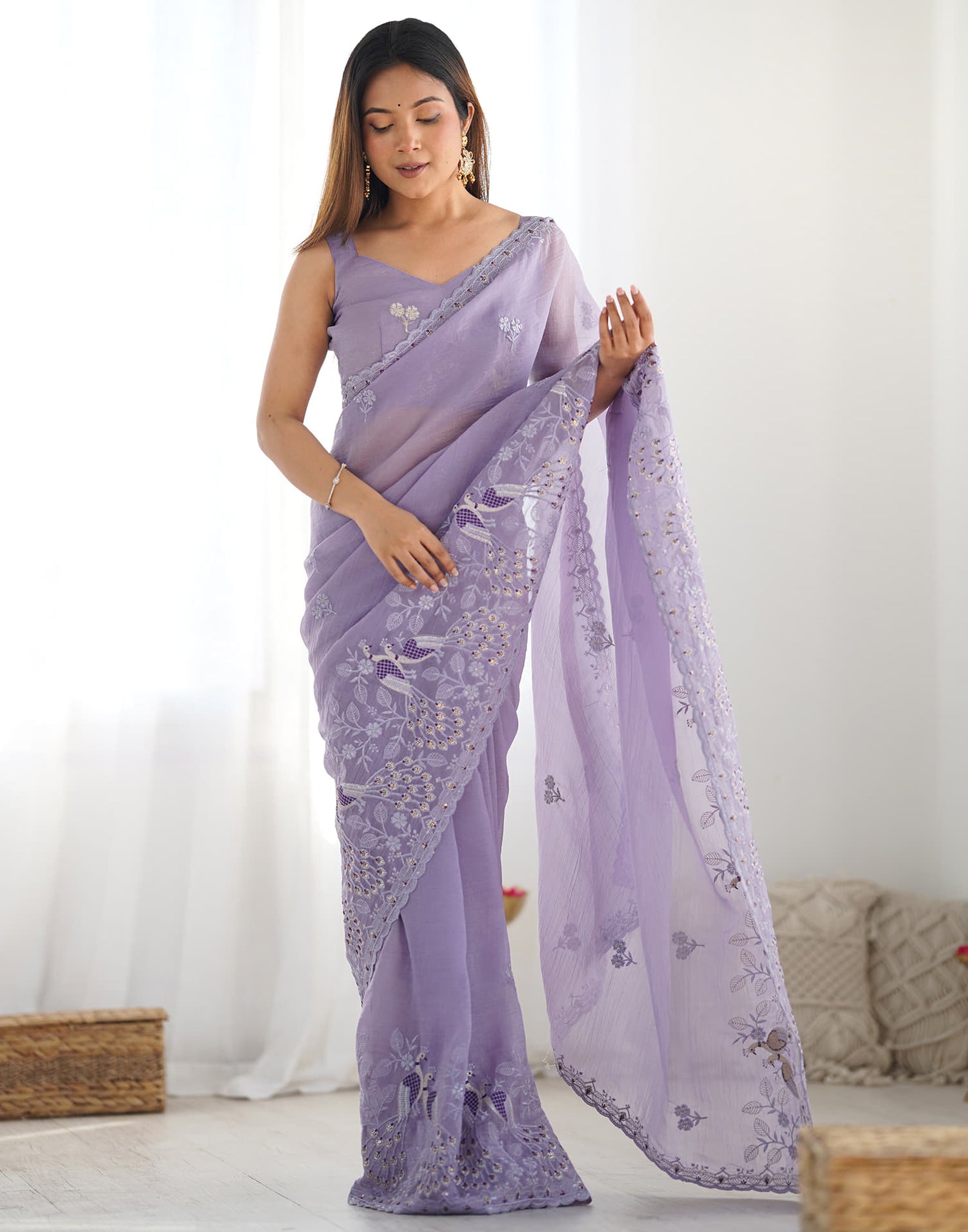 Dusty Purple Silk Embroidery Saree