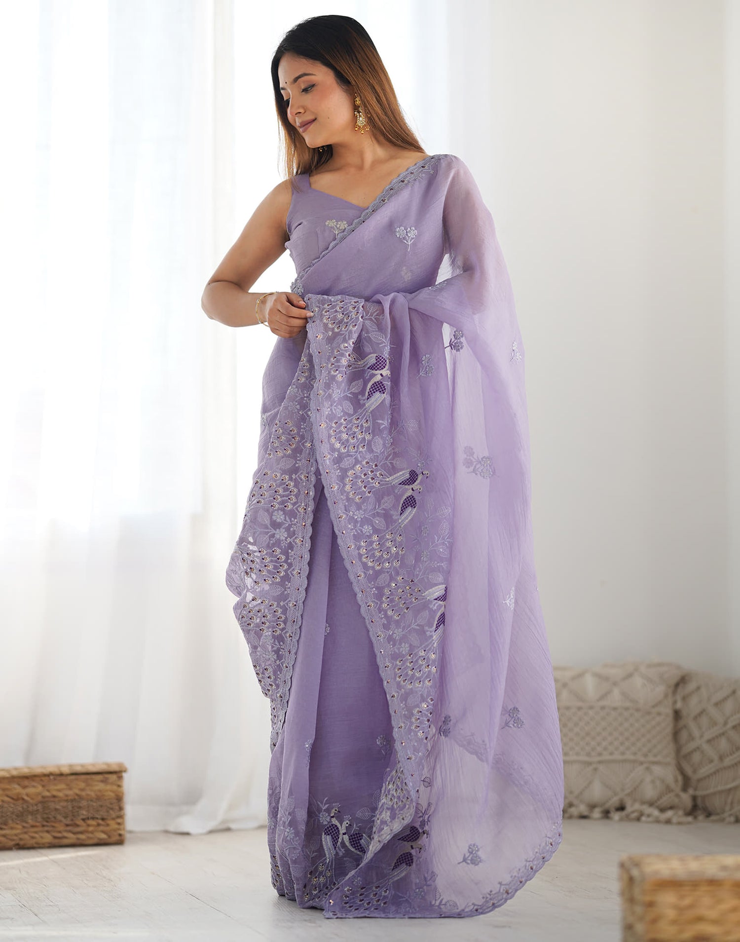 Dusty Purple Silk Embroidery Saree