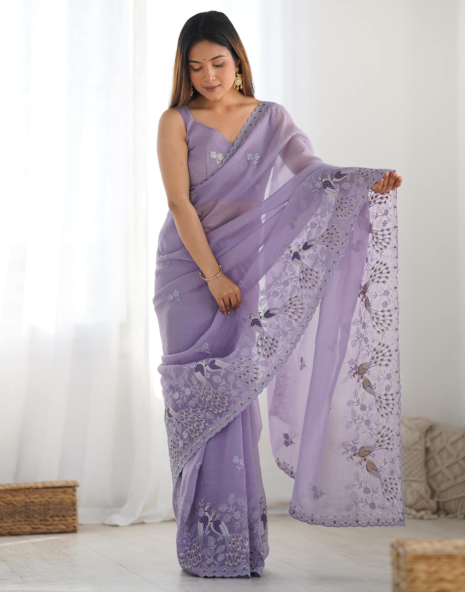 Dusty Purple Silk Embroidery Saree