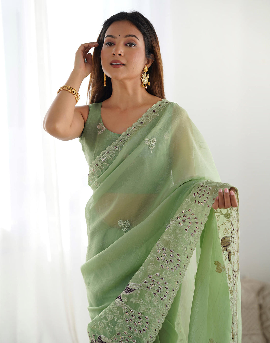 Olive Green Silk Embroidery Saree