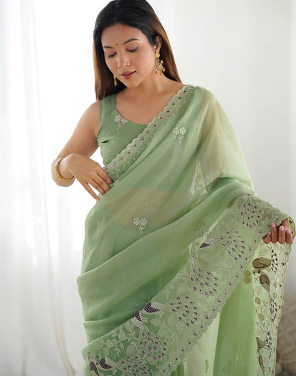 Olive Green Silk Embroidery Saree