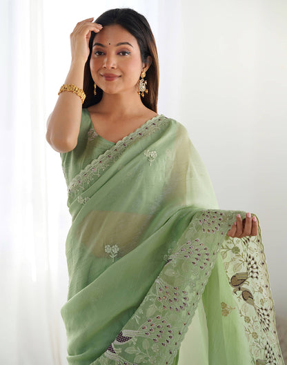 Olive Green Silk Embroidery Saree