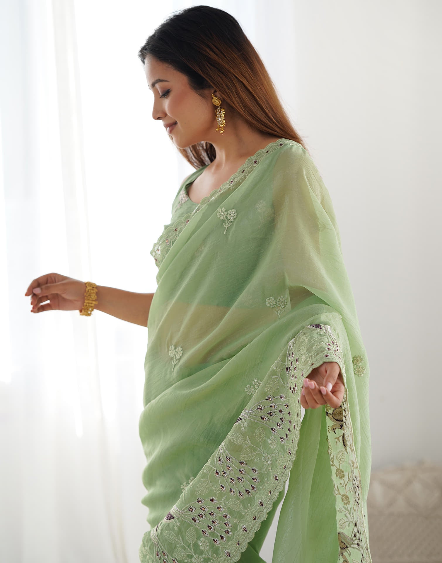 Olive Green Silk Embroidery Saree