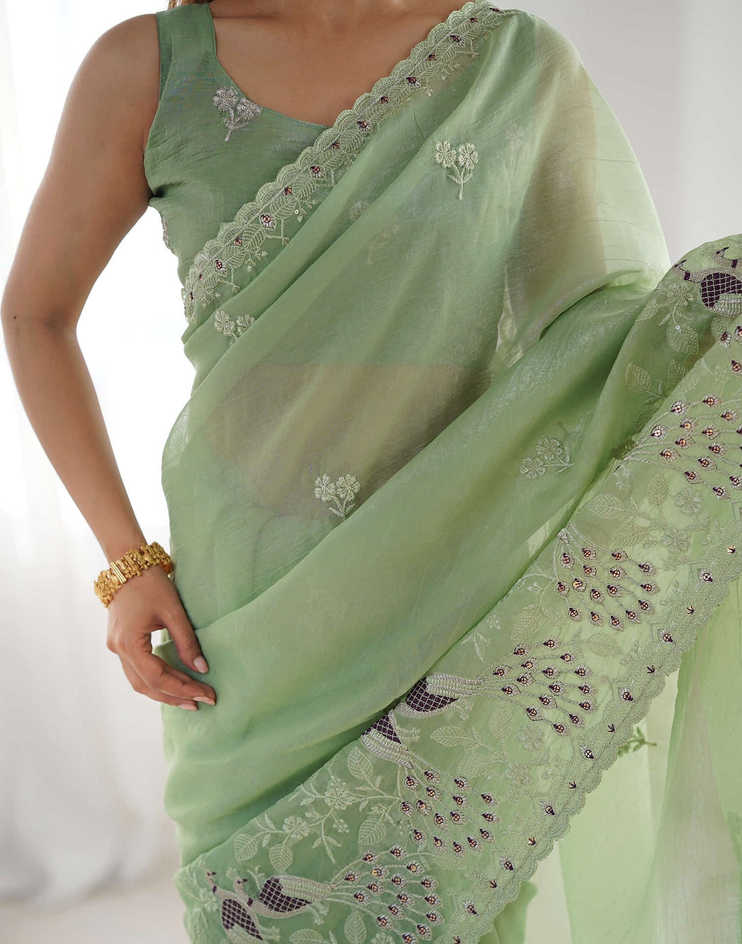 Olive Green Silk Embroidery Saree