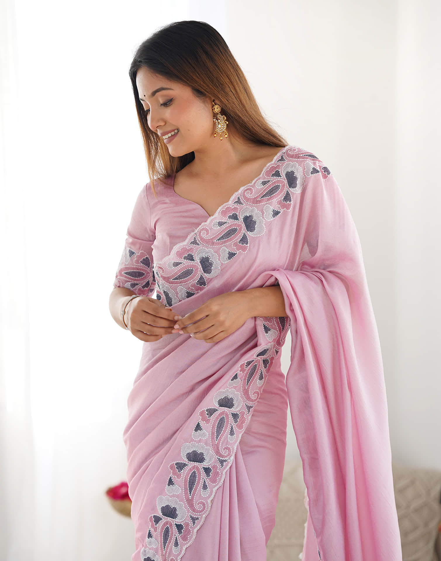 Pink Silk Embroidery Saree