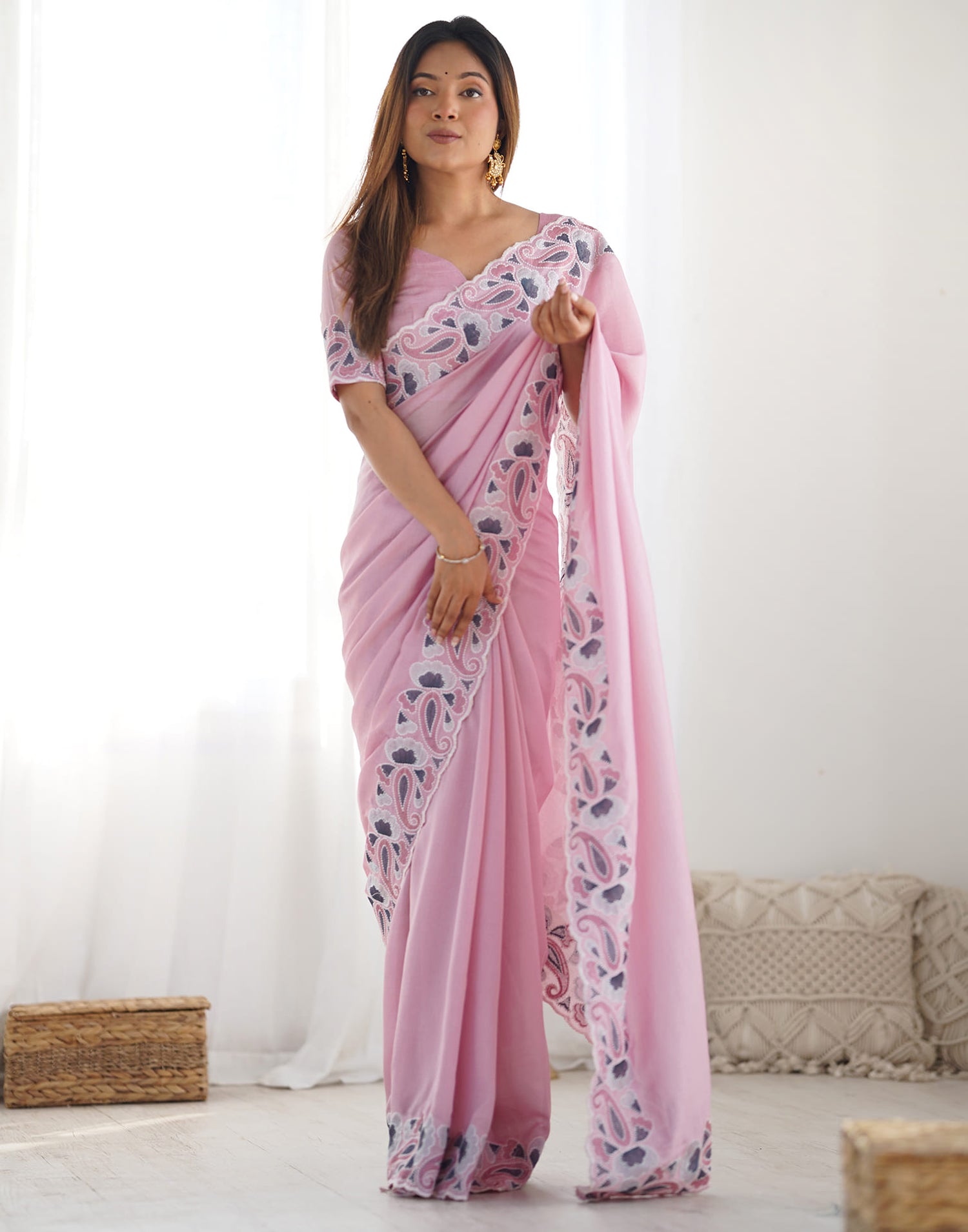 Pink Silk Embroidery Saree