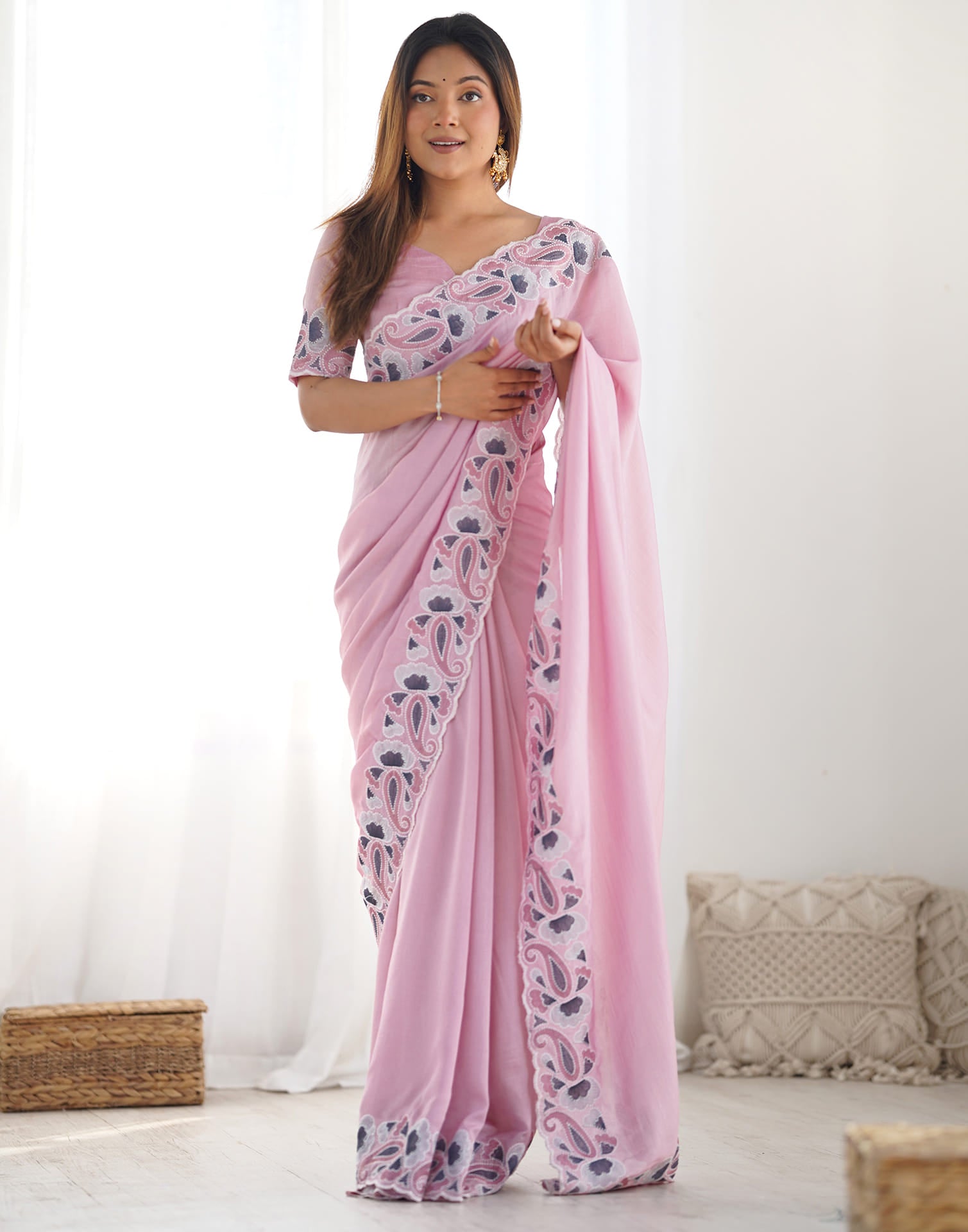 Pink Silk Embroidery Saree