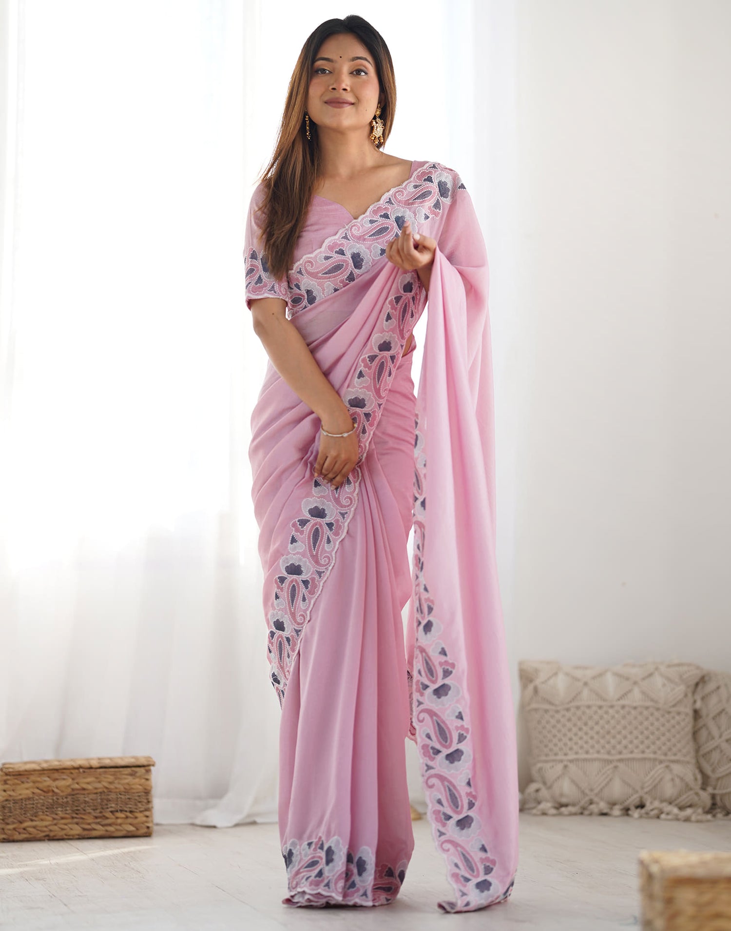 Pink Silk Embroidery Saree