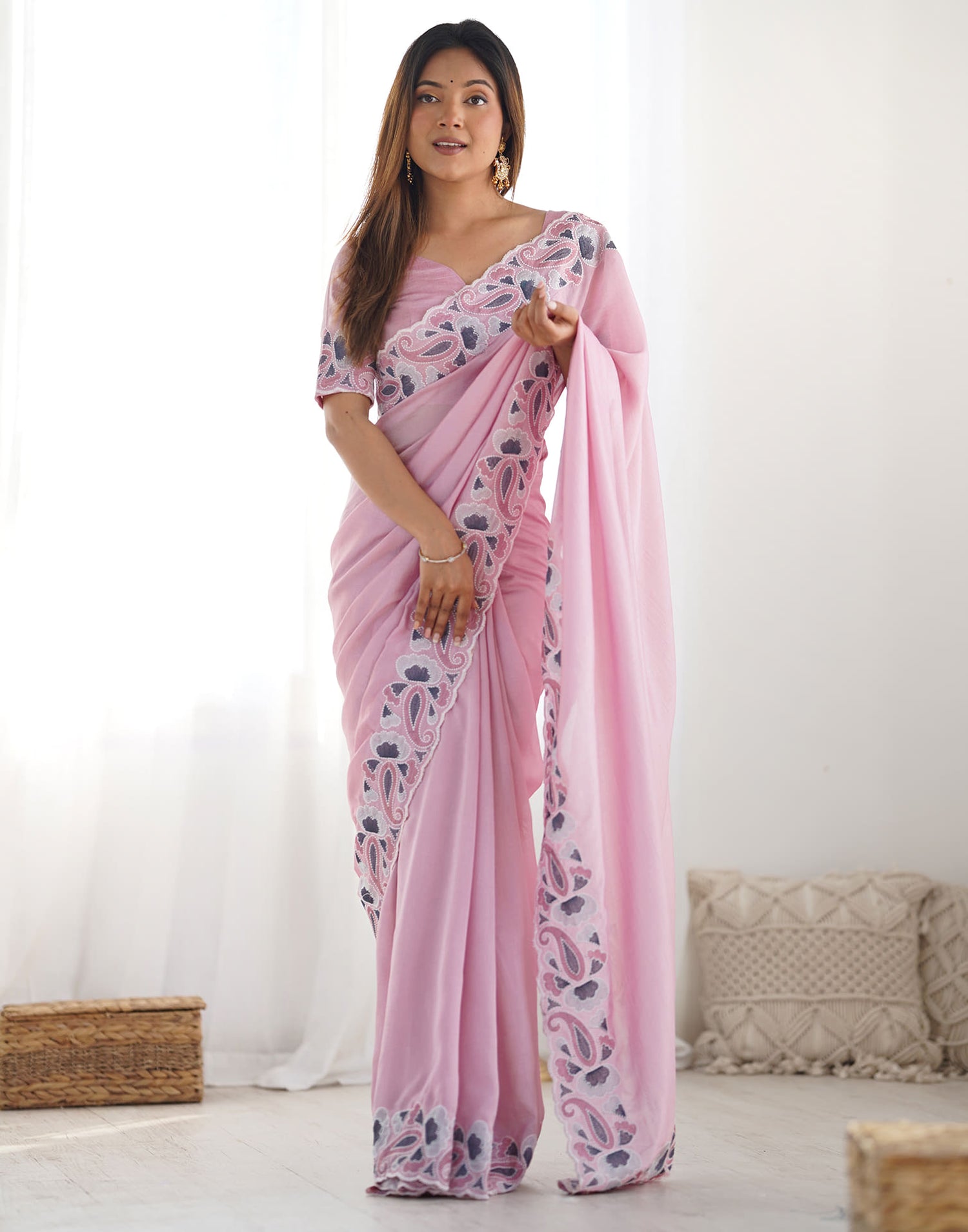 Pink Silk Embroidery Saree