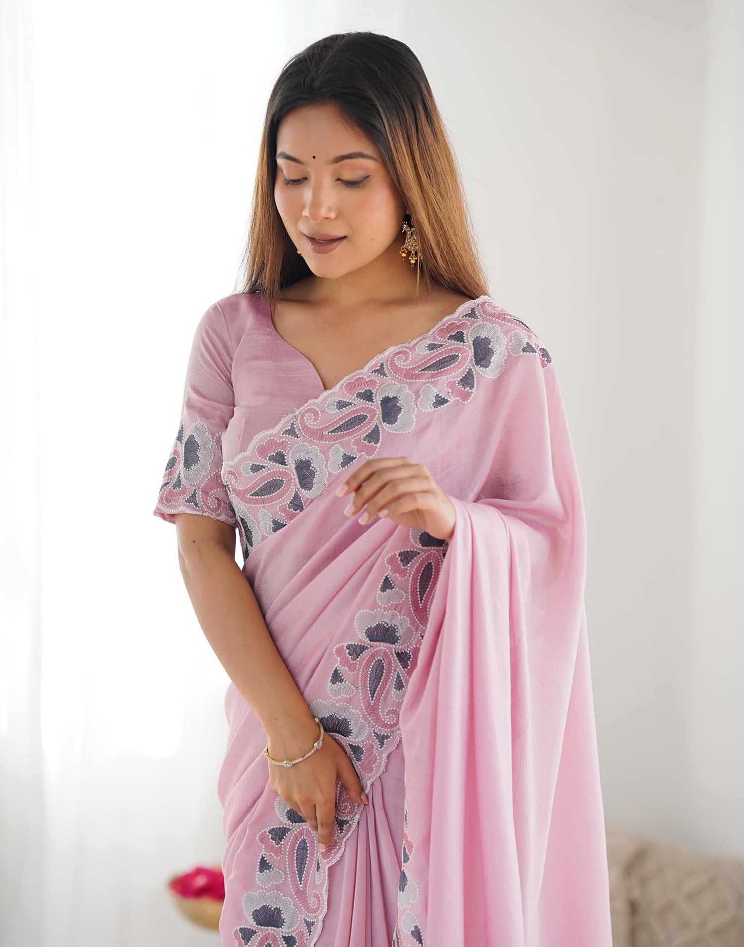 Pink Silk Embroidery Saree