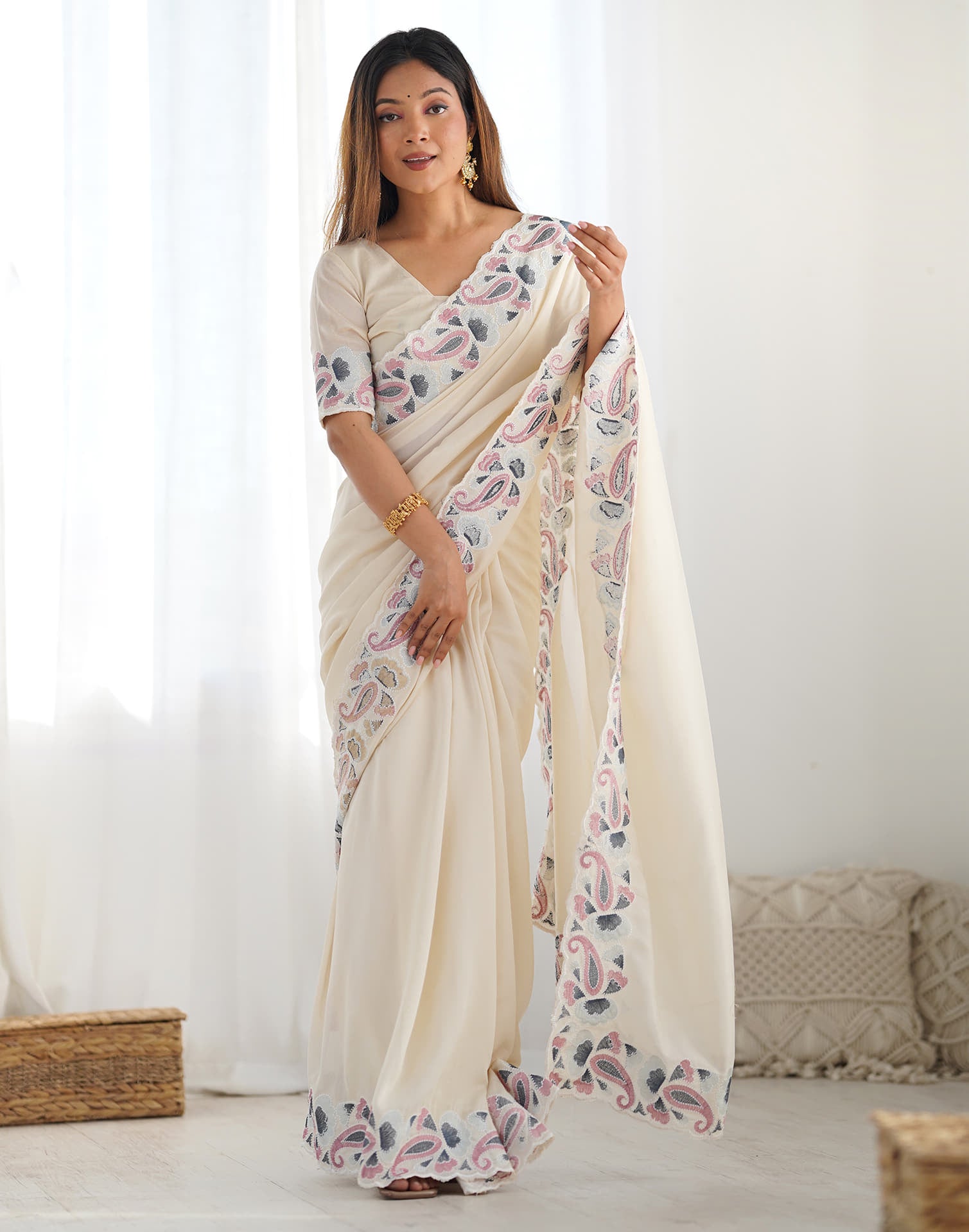 Cream Silk Embroidery Saree