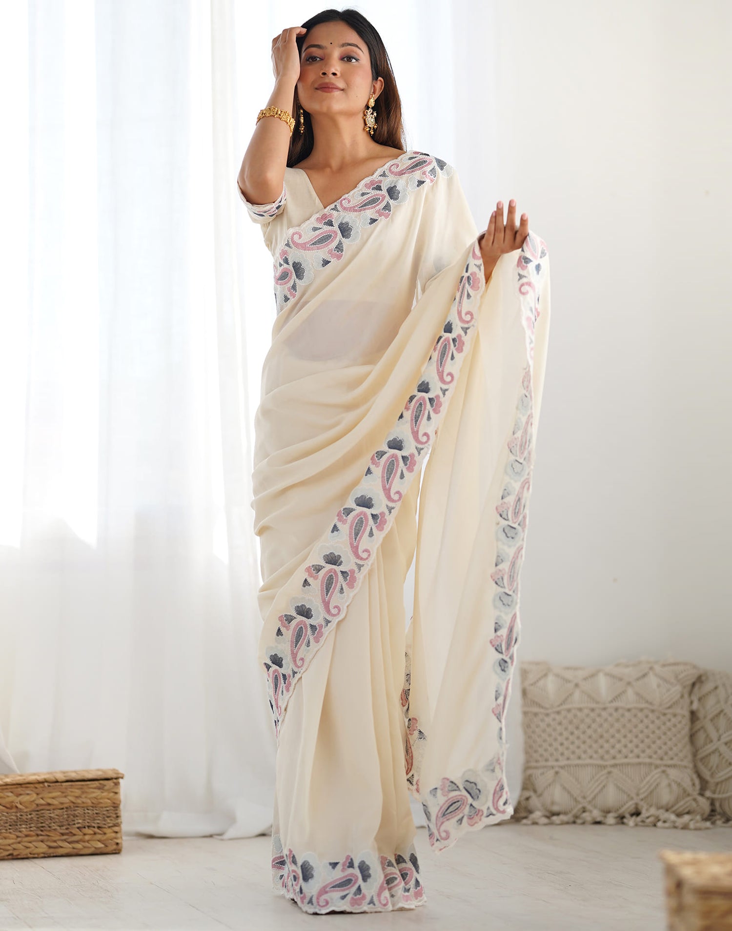 Cream Silk Embroidery Saree