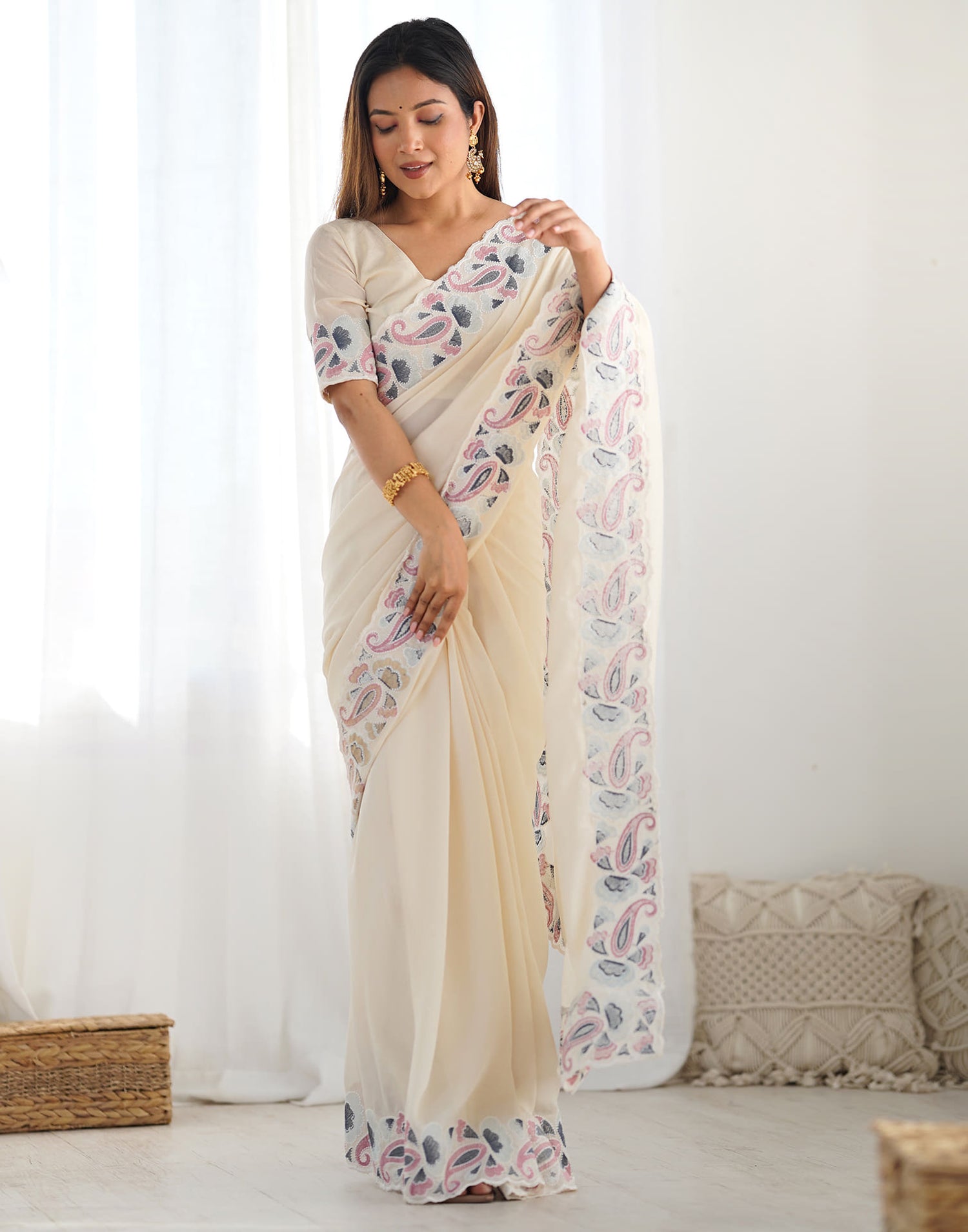 Cream Silk Embroidery Saree