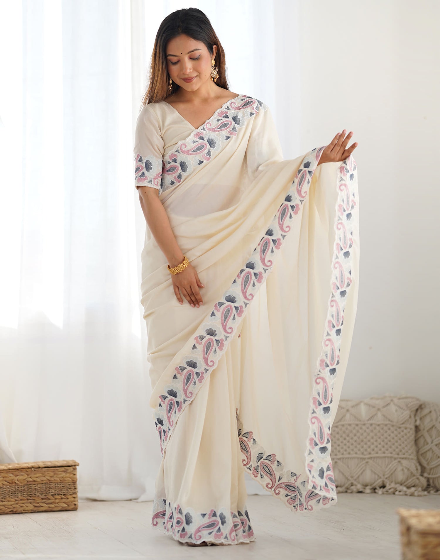 Cream Silk Embroidery Saree