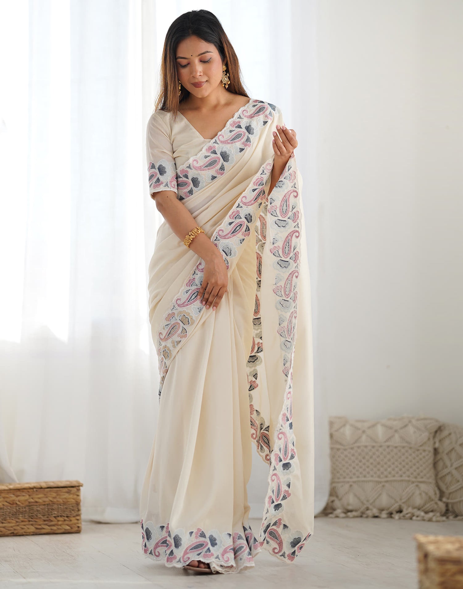 Cream Silk Embroidery Saree