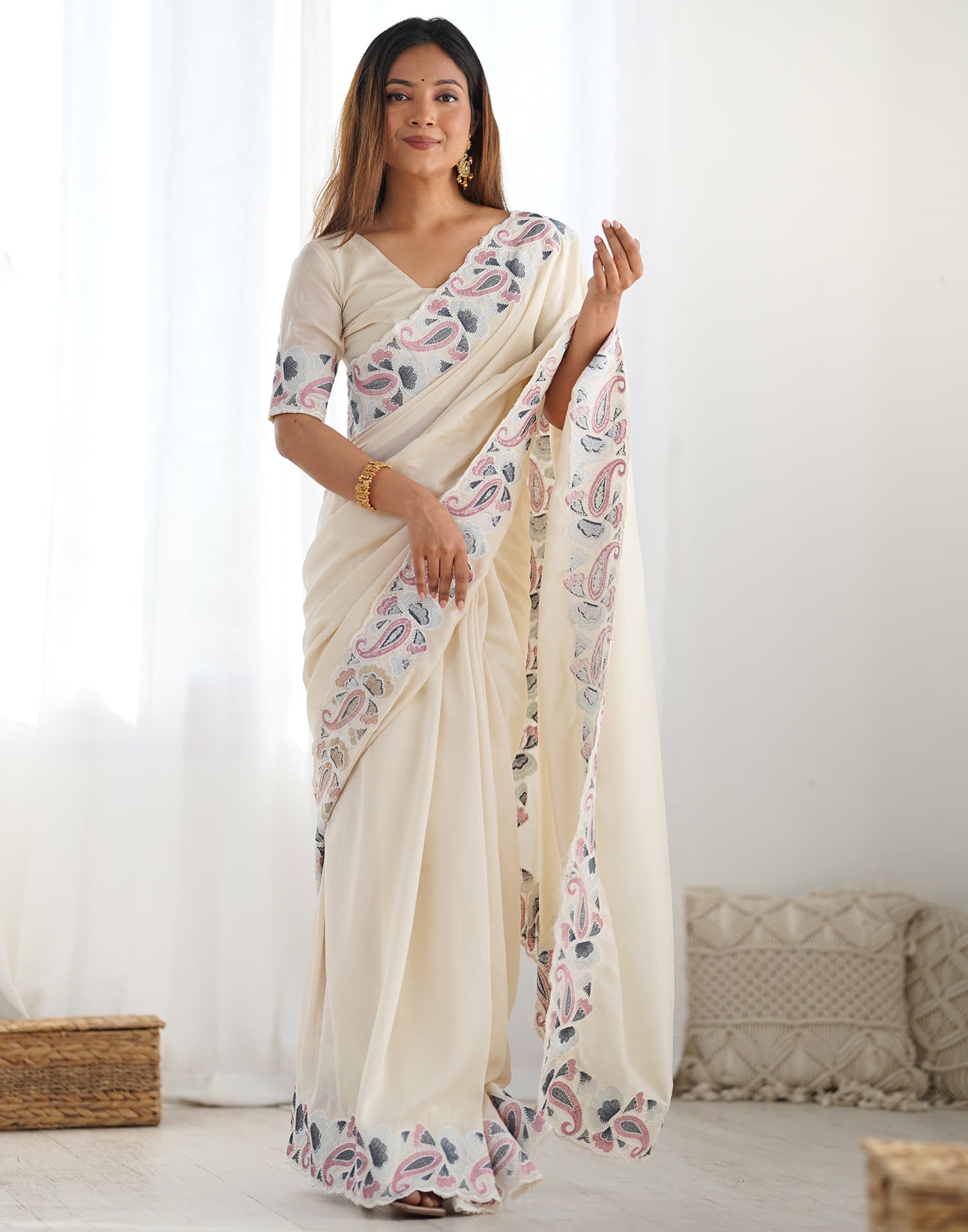 Cream Silk Embroidery Saree