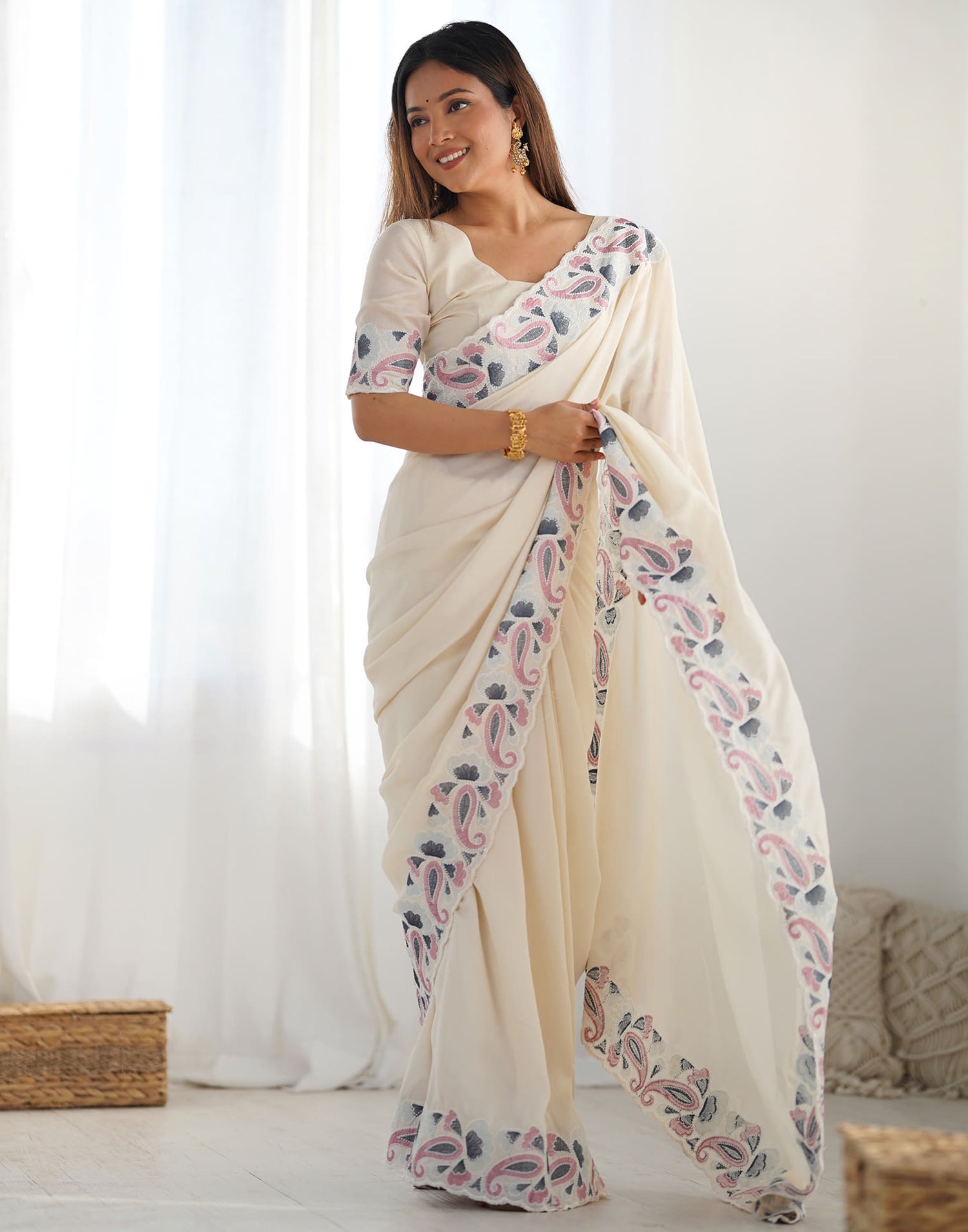 Cream Silk Embroidery Saree