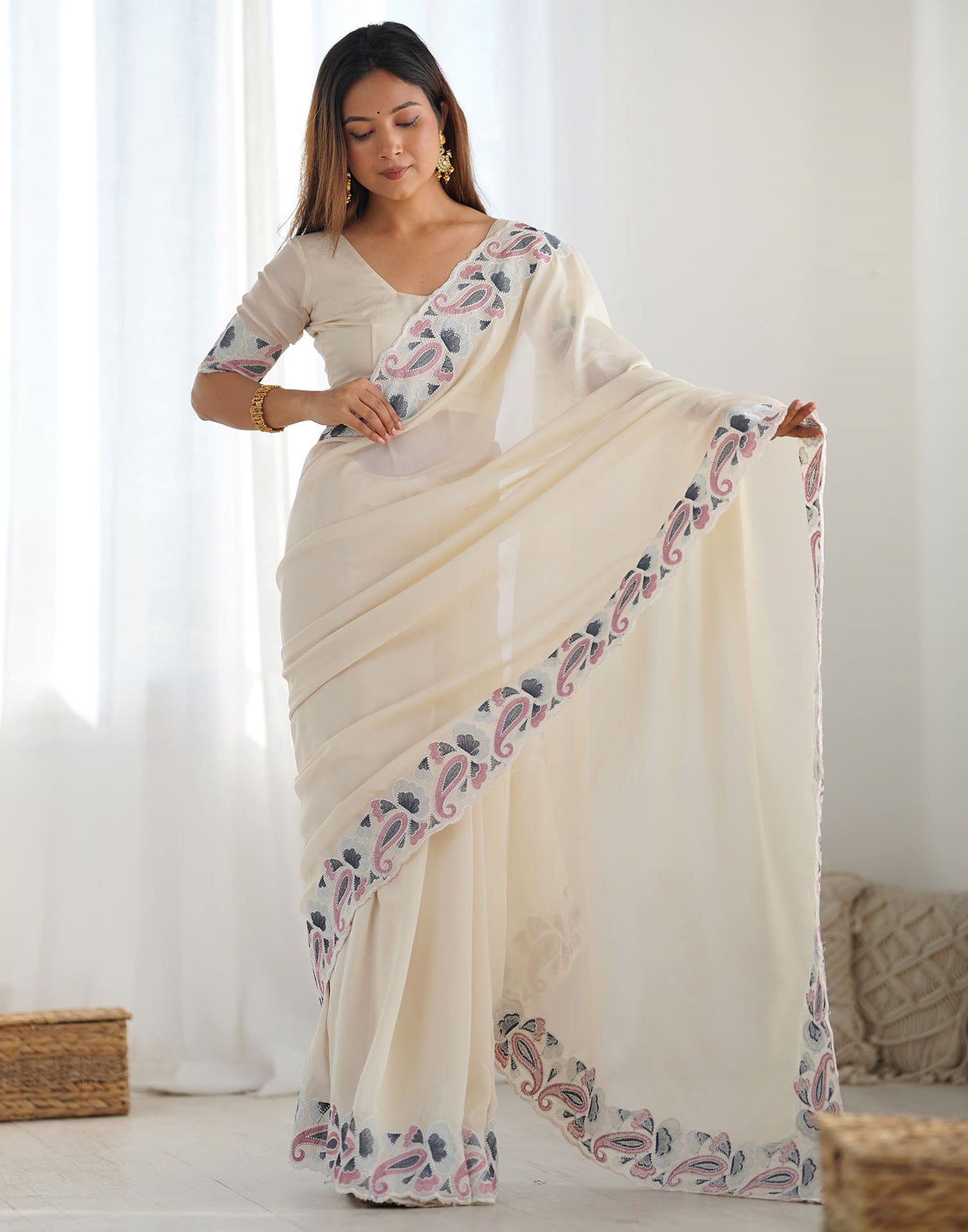 Cream Silk Embroidery Saree