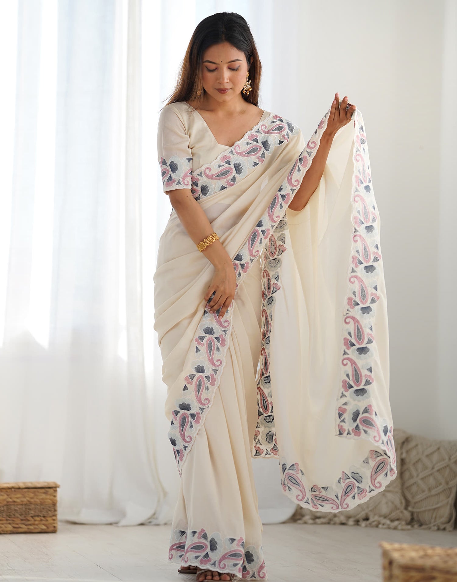 Cream Silk Embroidery Saree