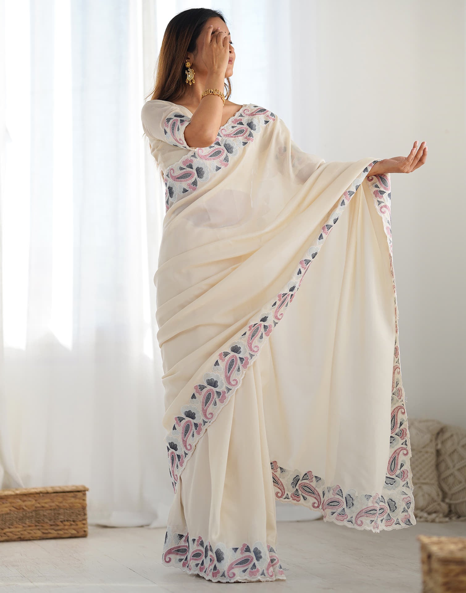 Cream Silk Embroidery Saree