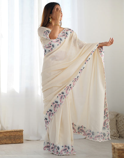 Cream Silk Embroidery Saree