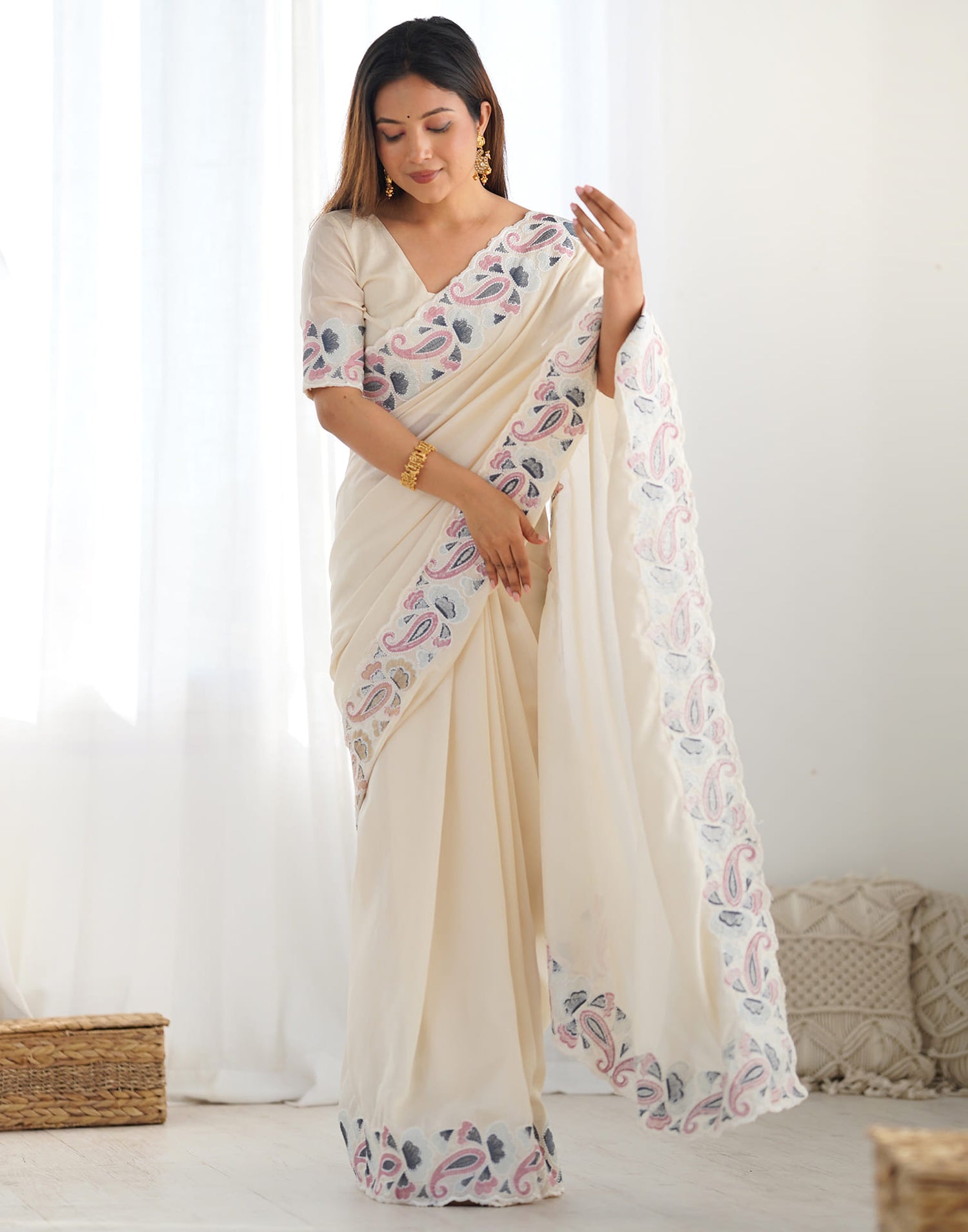 Cream Silk Embroidery Saree