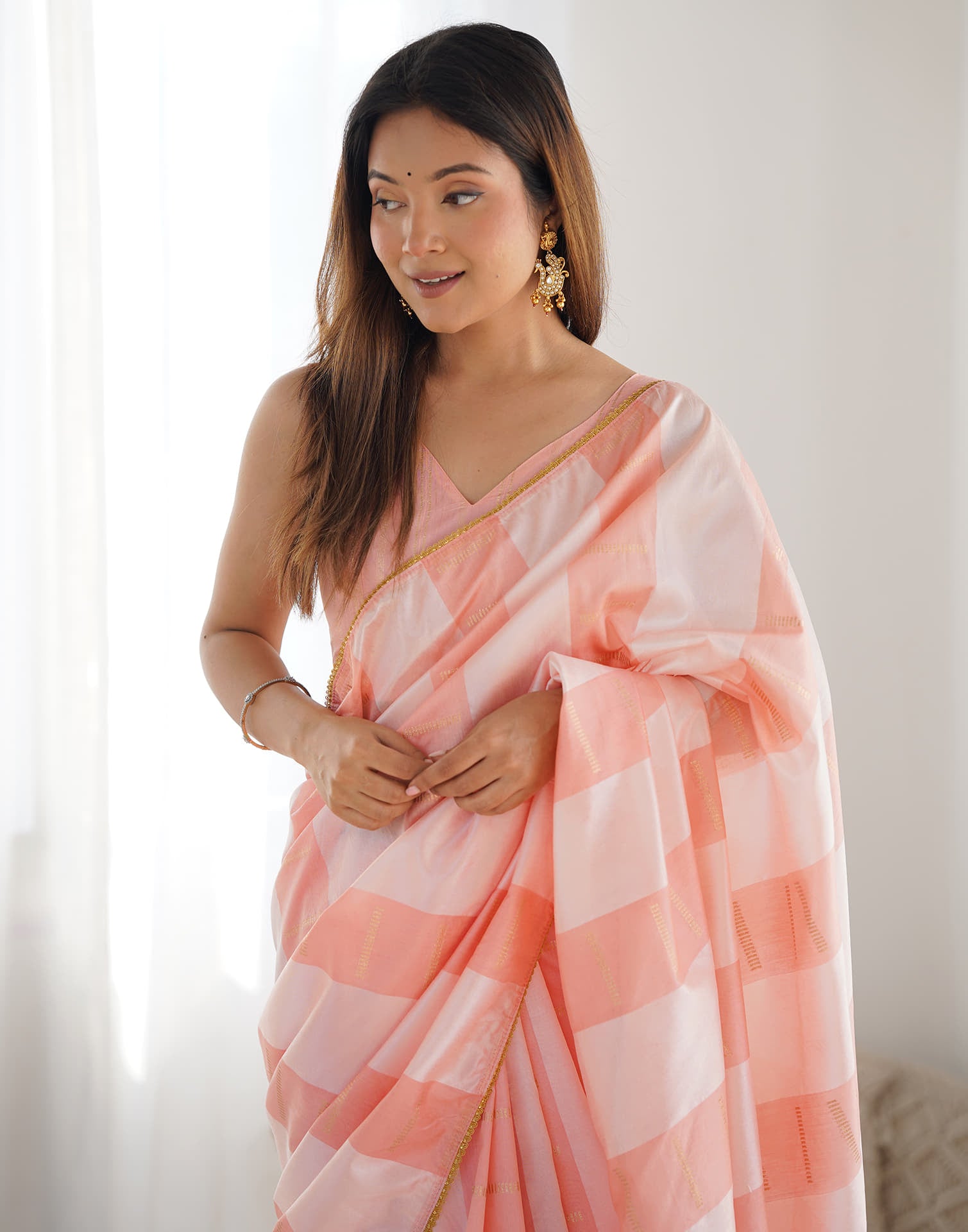 Peach Silk Weaving Woven Saree