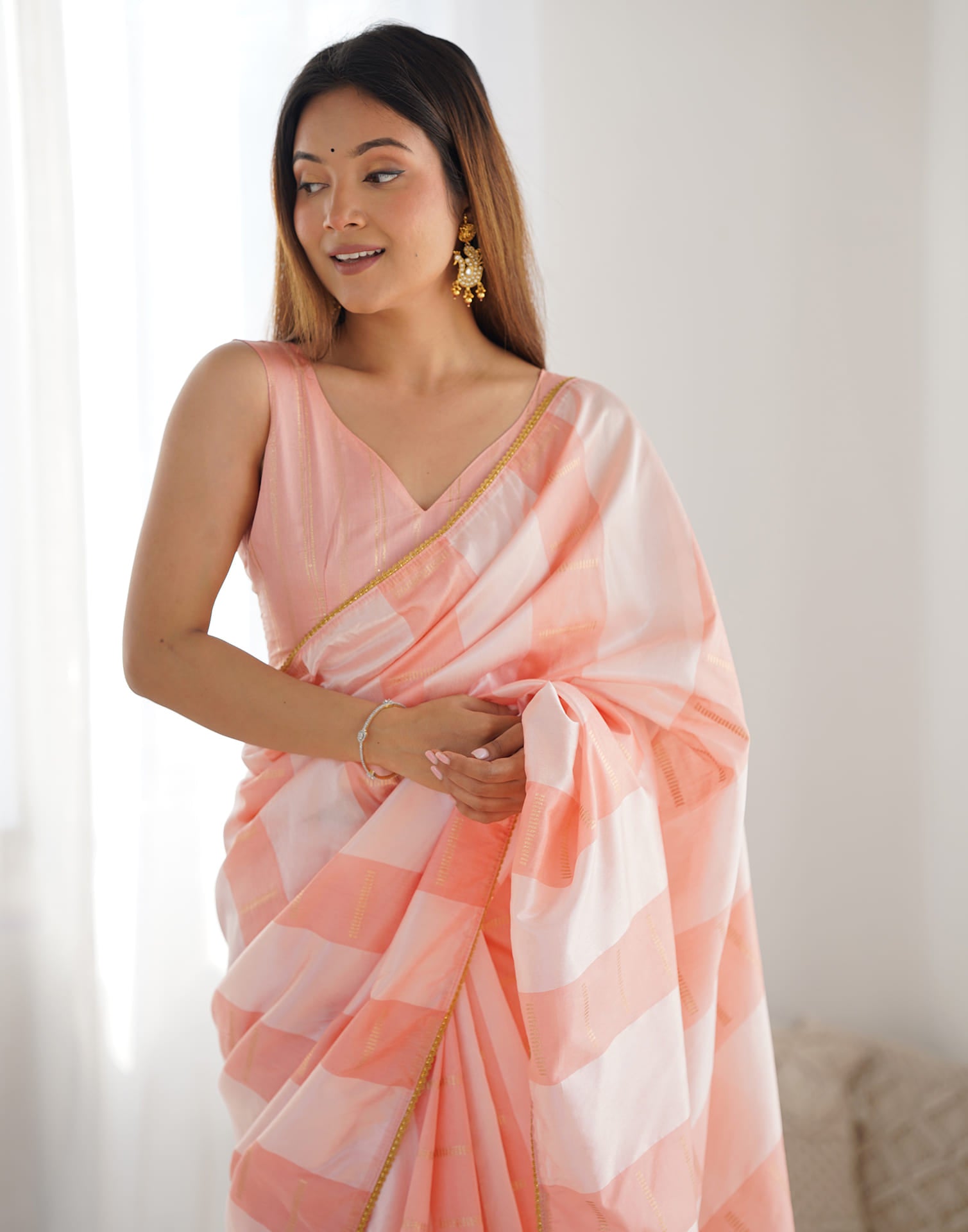 Peach Silk Weaving Woven Saree