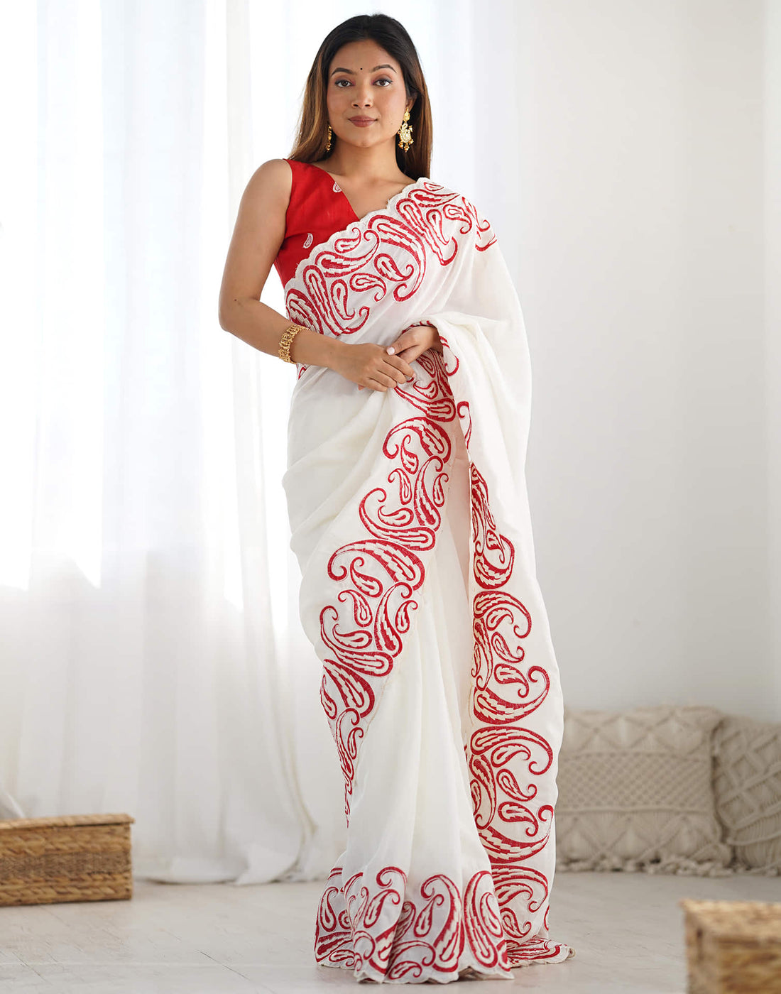 Cream Silk Embroidery Saree