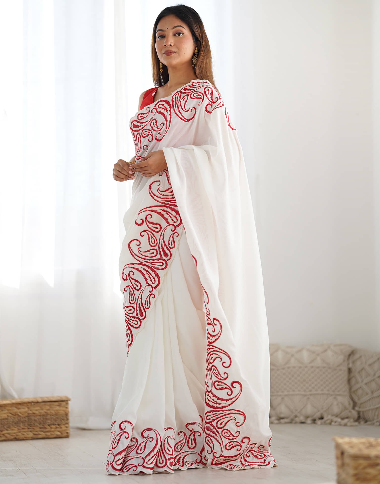 Cream Silk Embroidery Saree