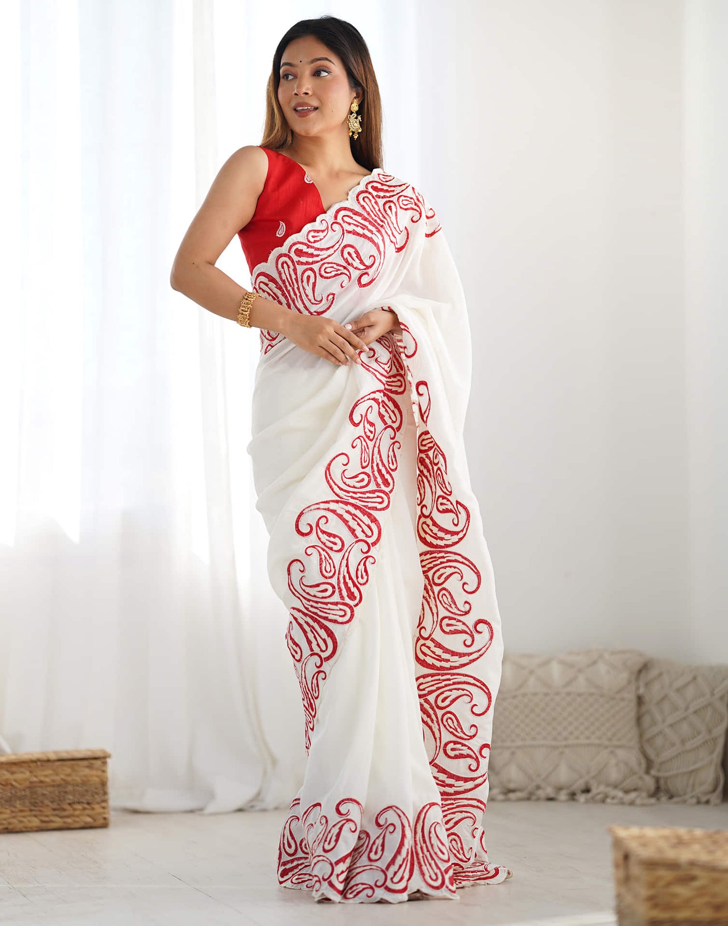 Cream Silk Embroidery Saree