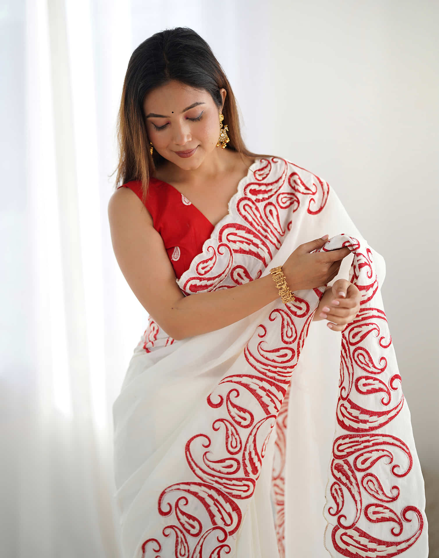 Cream Silk Embroidery Saree