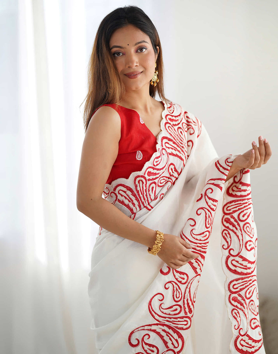White Silk Embroidery Saree