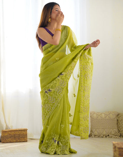 Mustard Green Silk Sequence Embroidery Saree