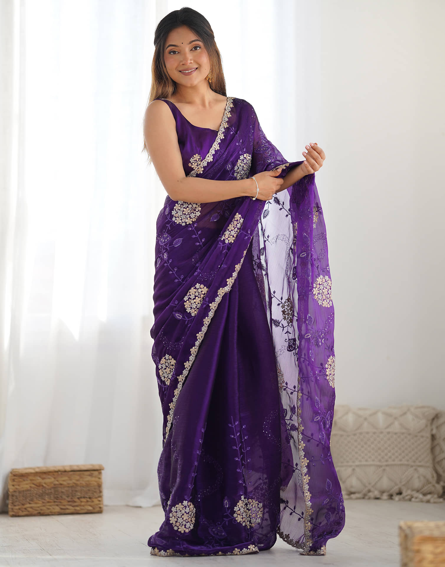 Purple Shimmer Embroidery Saree