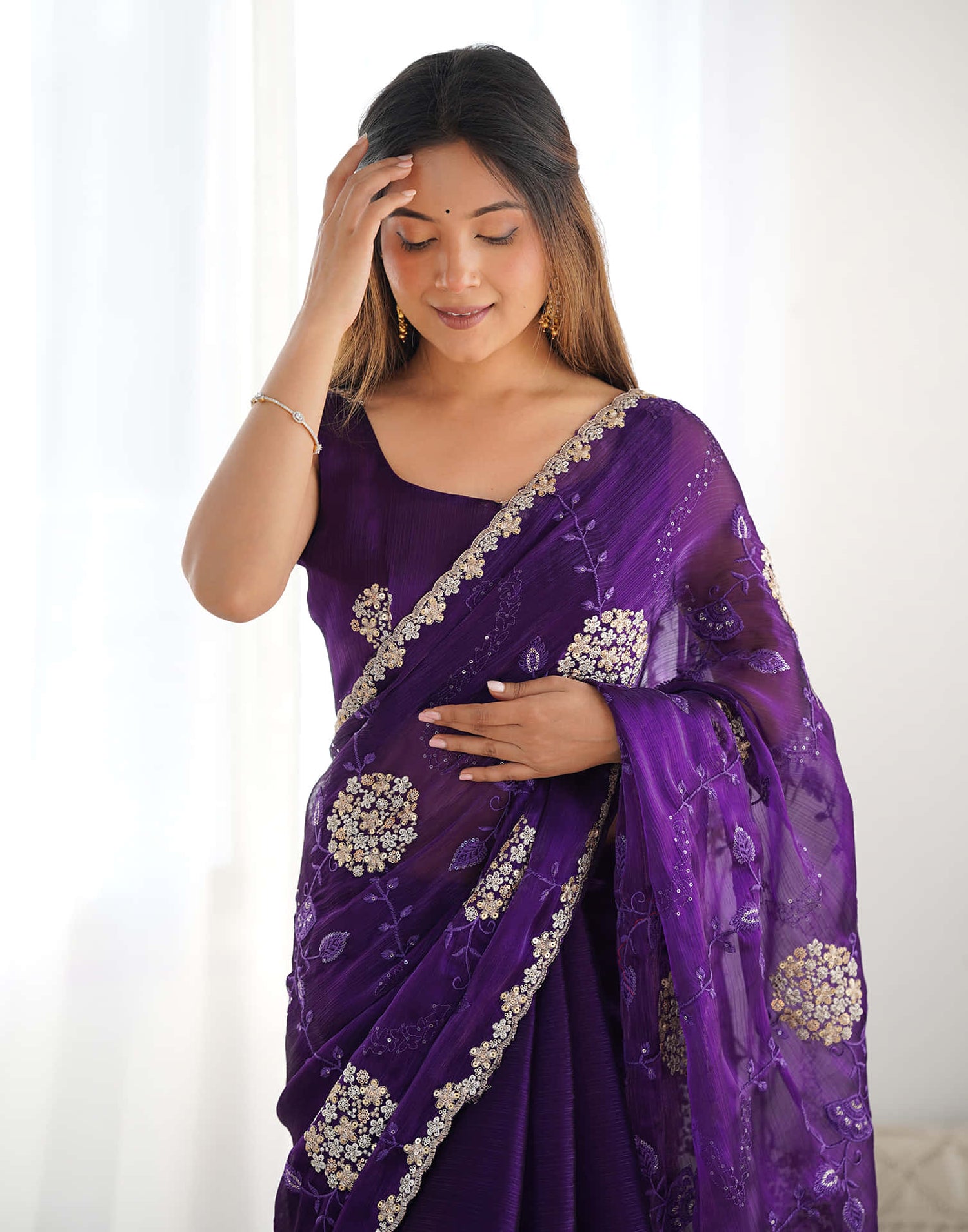 Purple Shimmer Embroidery Saree