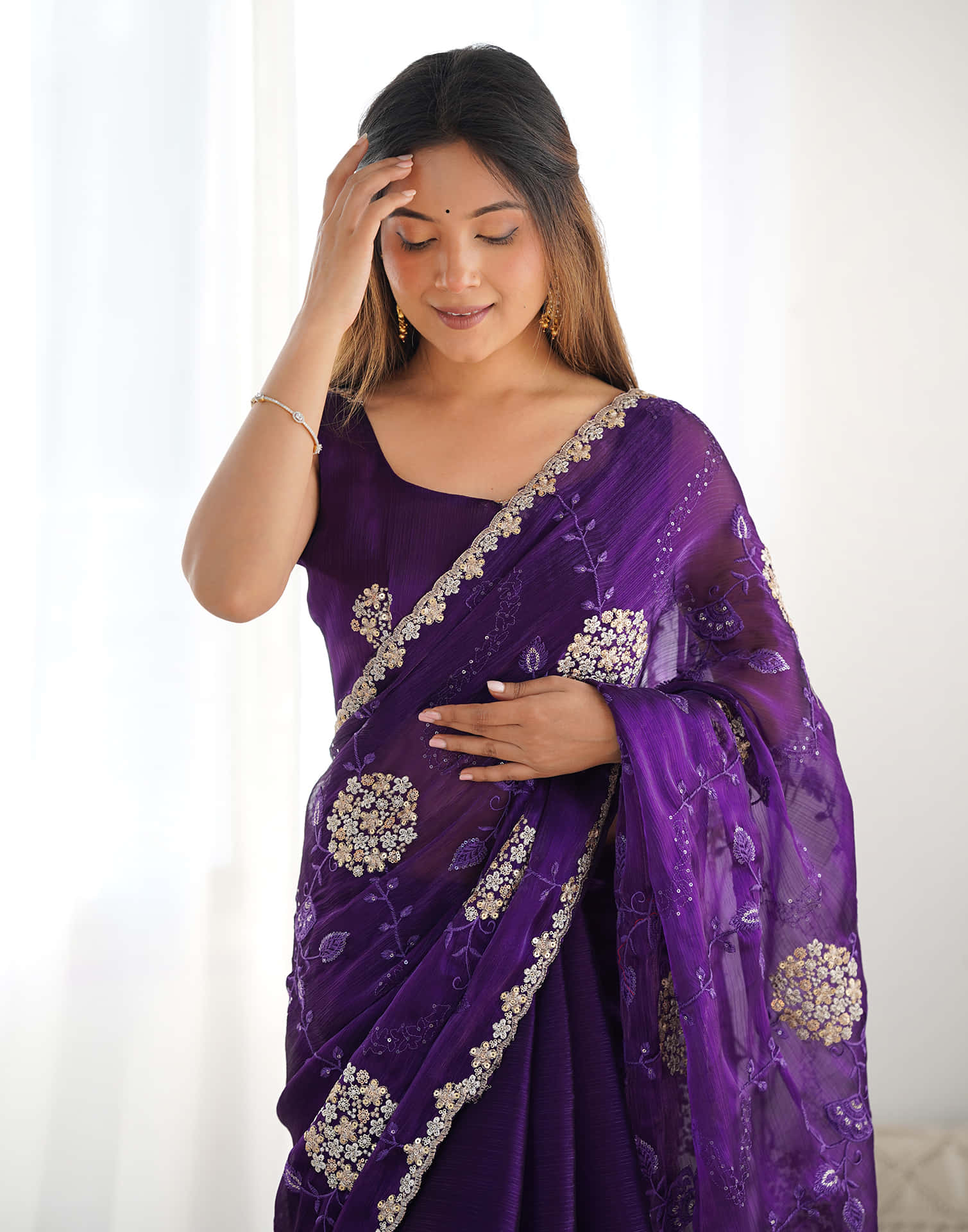 Purple Shimmer Embroidery Saree