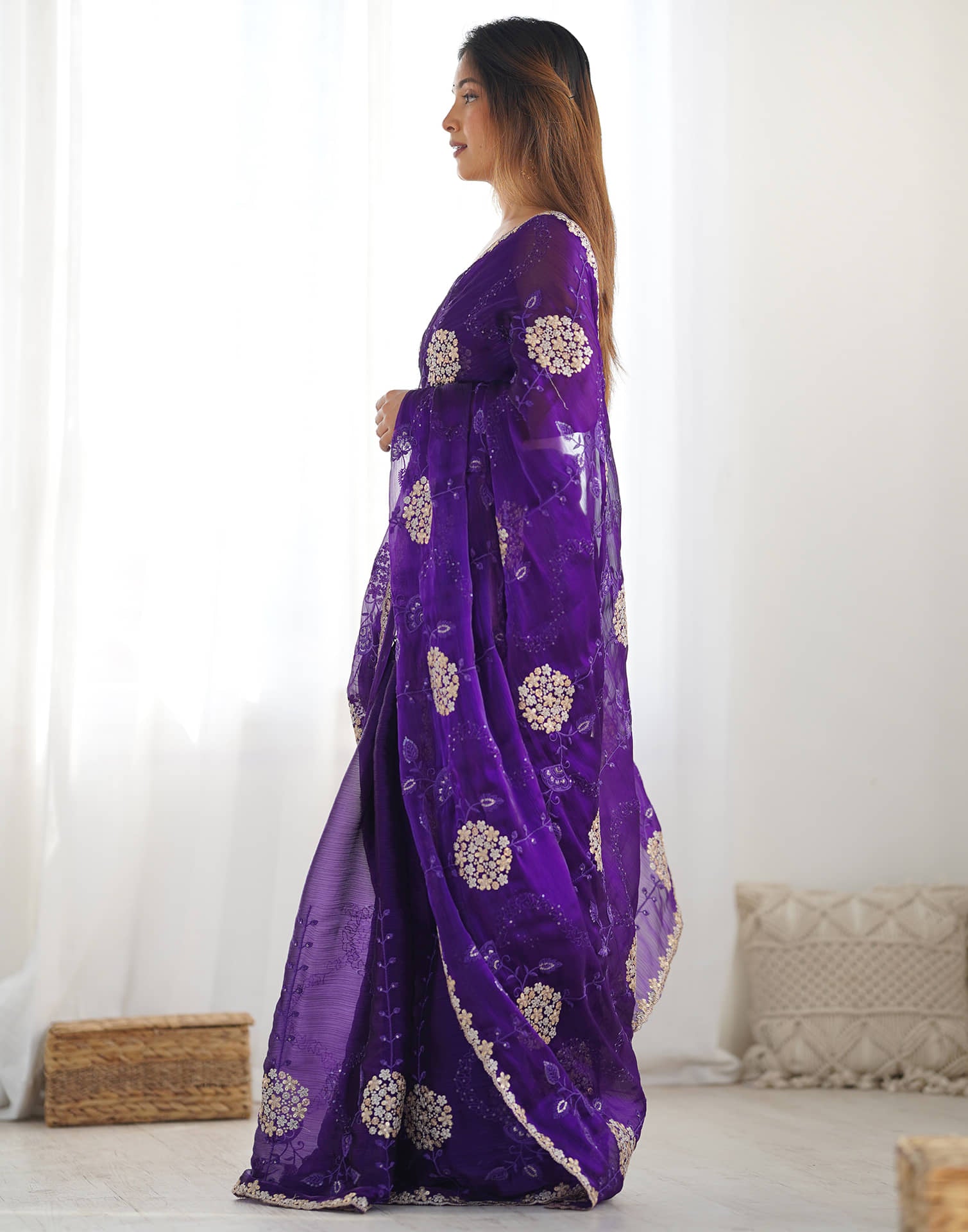 Purple Shimmer Embroidery Saree