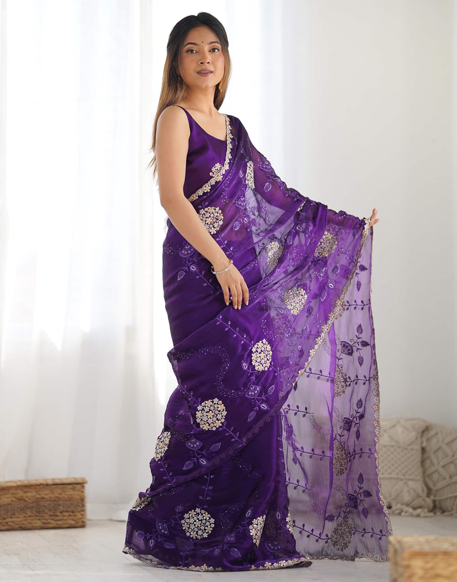 Purple Shimmer Embroidery Saree