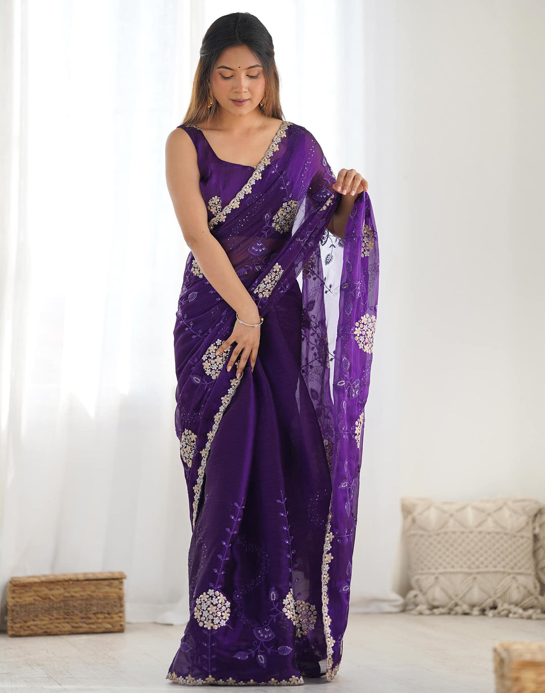 Purple Shimmer Embroidery Saree