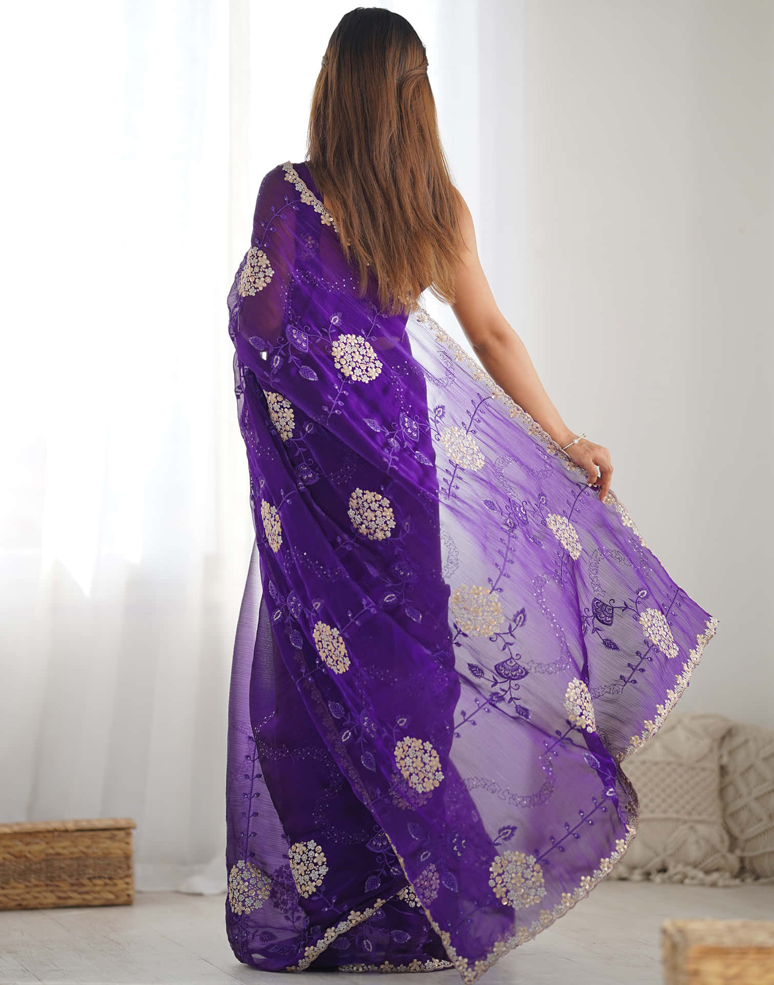 Purple Shimmer Embroidery Saree