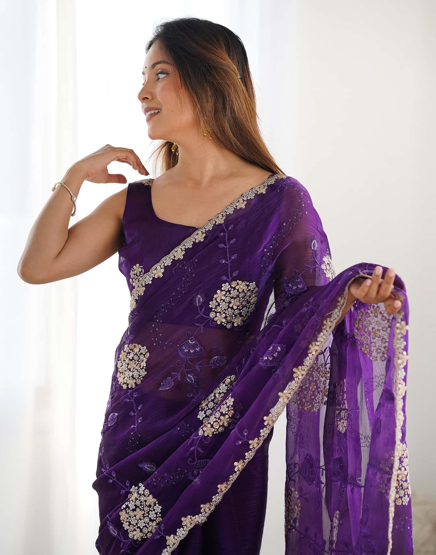 Purple Shimmer Embroidery Saree