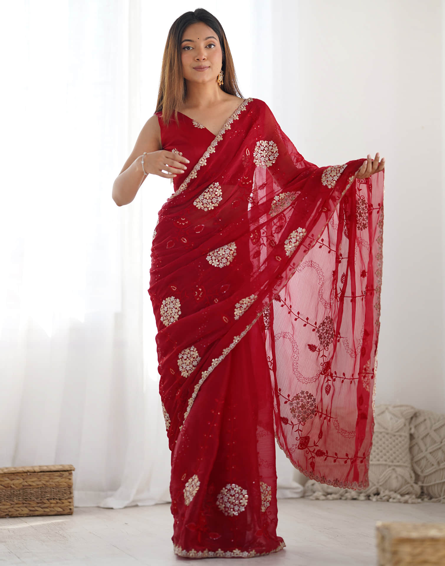 Red Shimmer Embroidery Saree