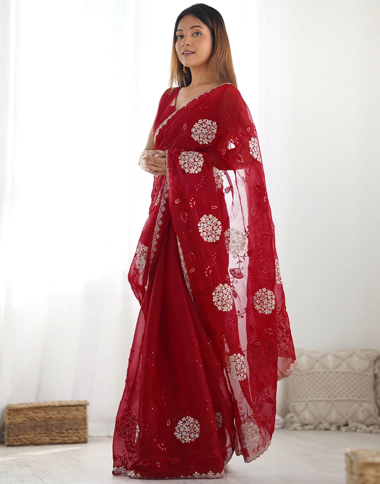 Red Shimmer Embroidery Saree