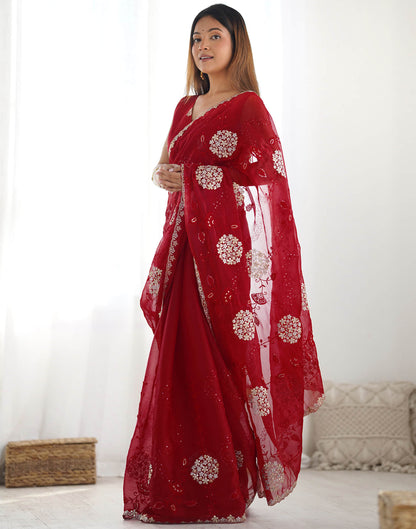 Red Shimmer Embroidery Saree