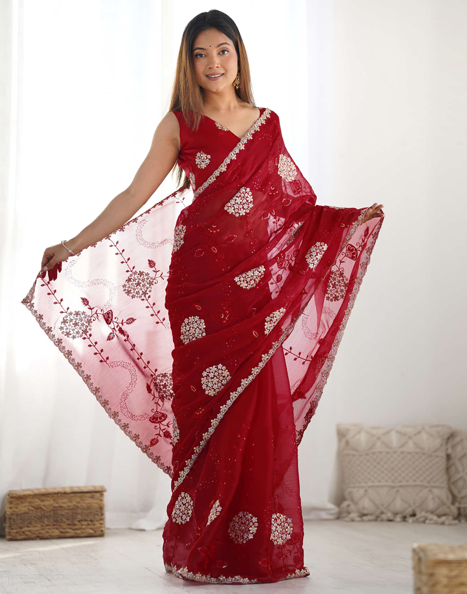 Red Shimmer Embroidery Saree